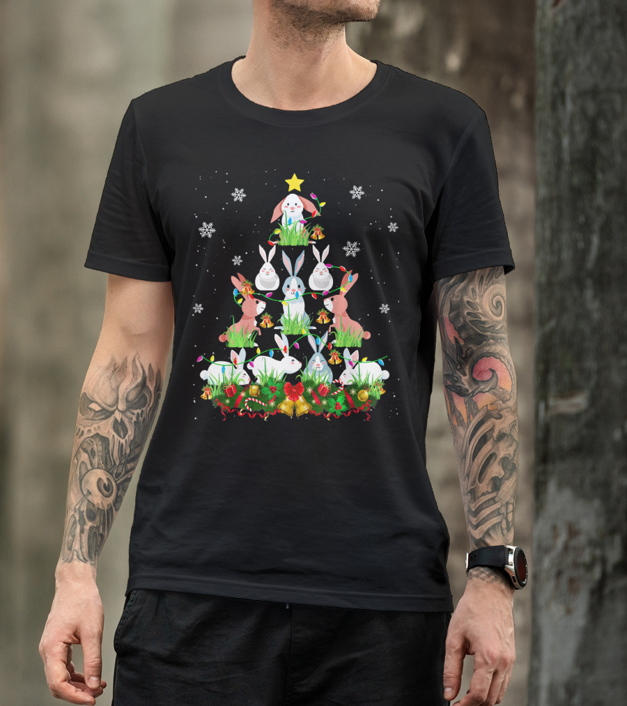 Rabbit Christmas Tree Cute Bunny Festive Design With Snowflakes And Star T-Shirt