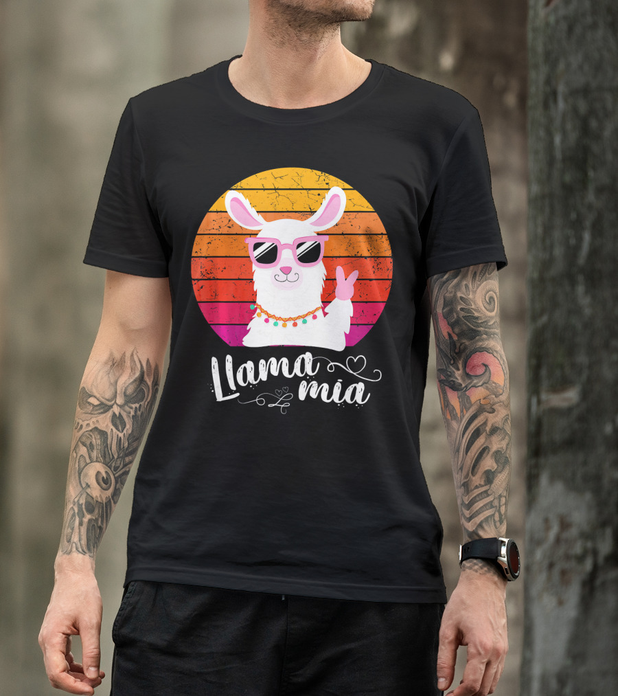 Llama Mia Retro Vintage Sunglasses Peace Sign T-Shirt