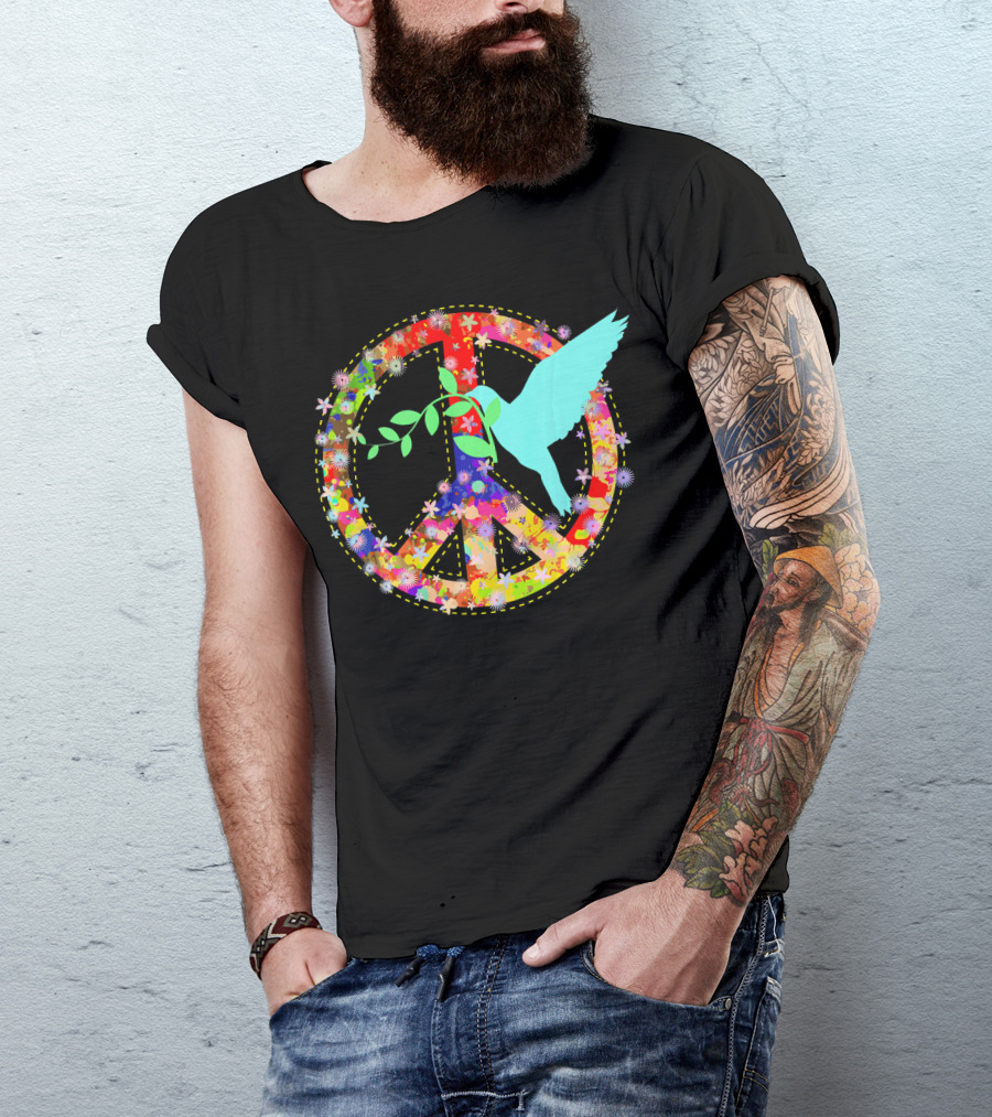 Peace Dove Hippie Peace Sign 60s 70s Colorful Floral T-Shirt