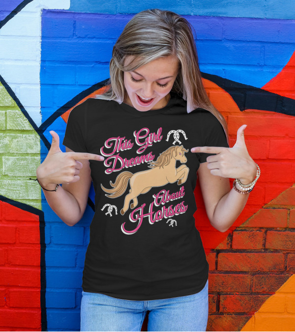 This Girl Dreams About Horses Leaping Beige Horse And Horseshoe Accents T-Shirt
