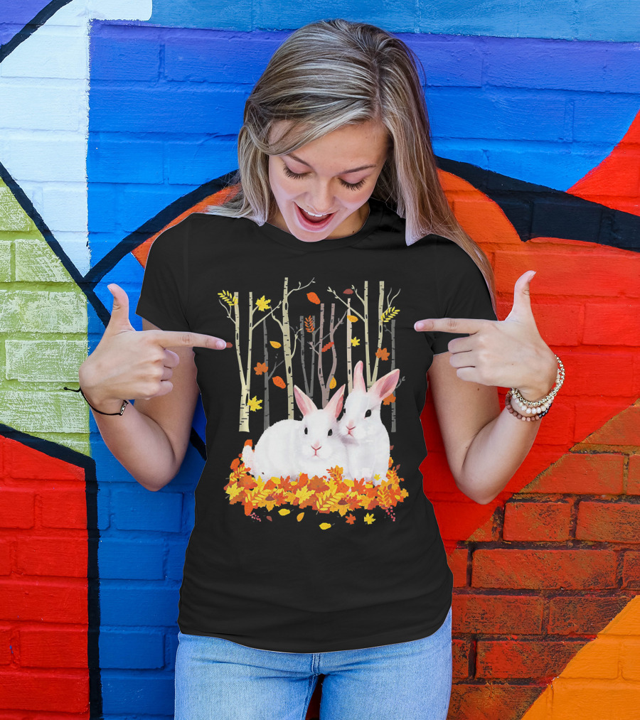 Rabbit Autumn Forest Hear Duo In Fall Leaves T-Shirt