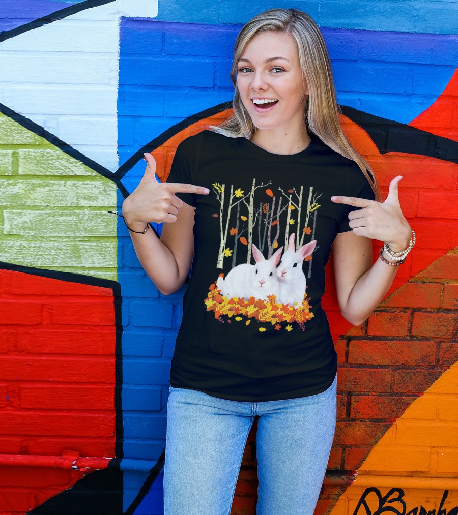 Rabbit Autumn Forest Hear Duo In Fall Leaves T-Shirt