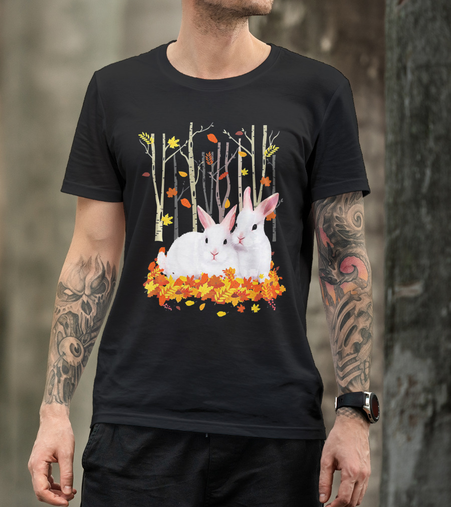 Rabbit Autumn Forest Hear Duo In Fall Leaves T-Shirt