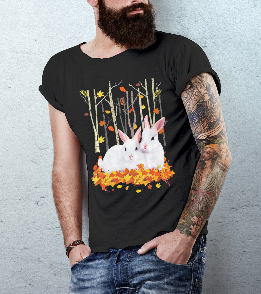 Rabbit Autumn Forest Hear Duo In Fall Leaves T-Shirt