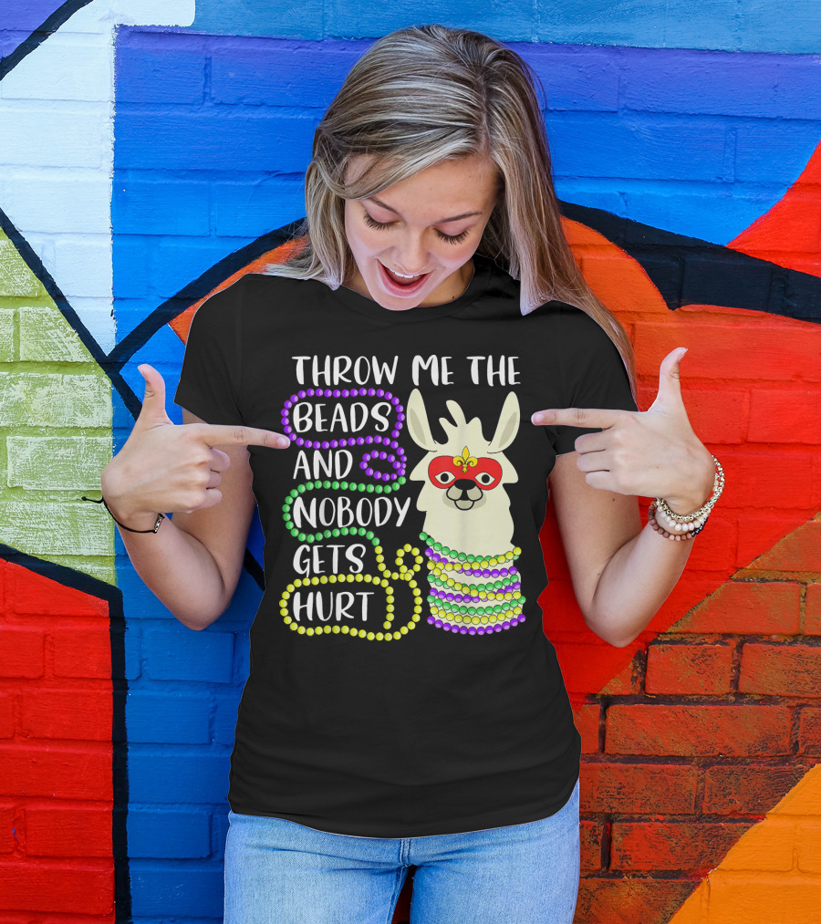Throw Me The Beads And Nobody Gets Hurt Llama Mardi Gras Mask Beads T-Shirt