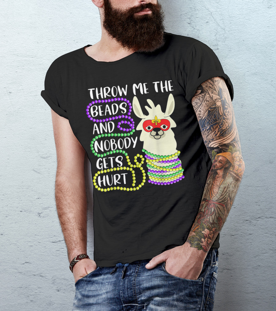 Throw Me The Beads And Nobody Gets Hurt Llama Mardi Gras Mask Beads T-Shirt
