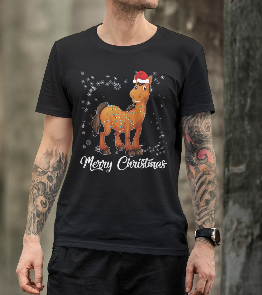 Merry Christmas Horse With Lights And Santa Hat T-Shirt