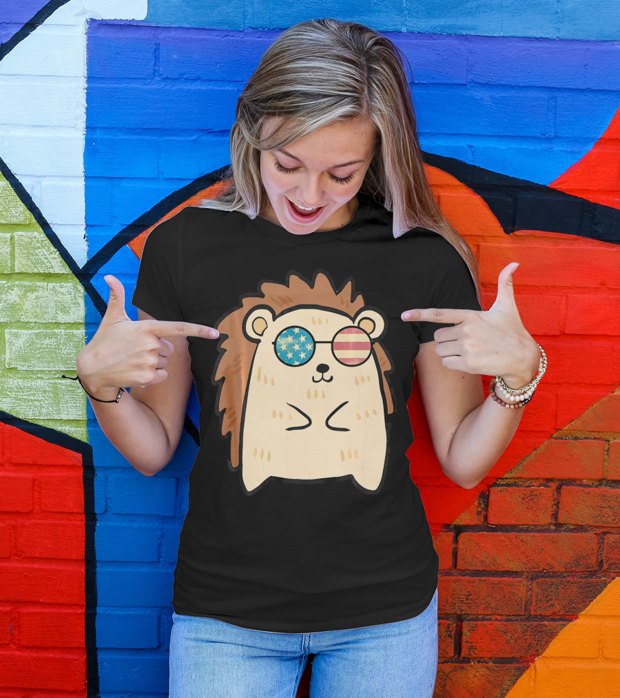 Patriotic American Hedgehog With Retro USA Flag Sunglasses T-Shirt