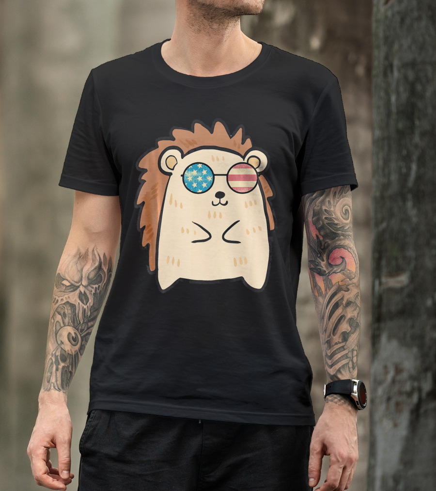 Patriotic American Hedgehog With Retro USA Flag Sunglasses T-Shirt