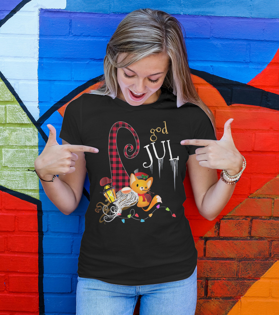God Jul Nordic Christmas Gnome Scandinavian Tomte With Fox And Lantern T-Shirt