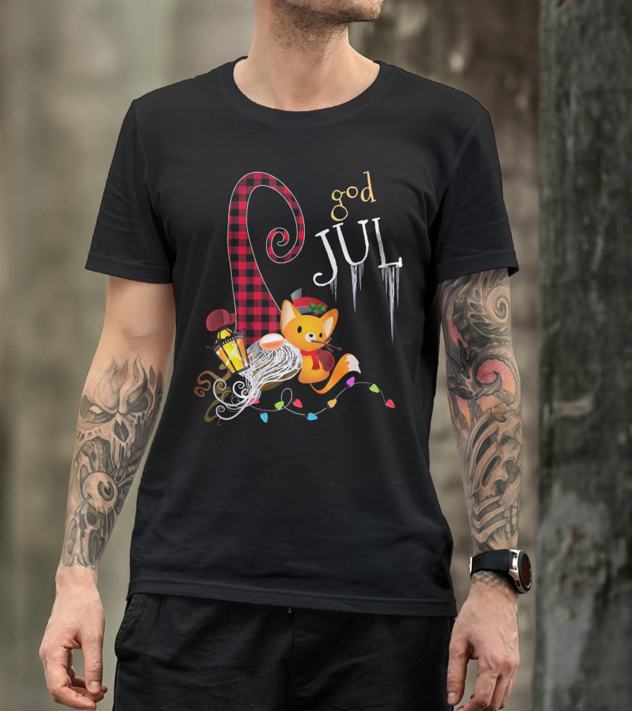 God Jul Nordic Christmas Gnome Scandinavian Tomte With Fox And Lantern T-Shirt