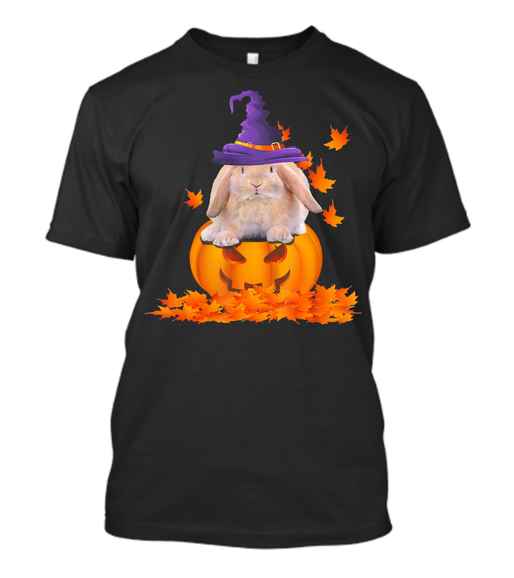 Pumpkin Witch Hat Rabbit Surrounded By Maple Leaves T-Shirt