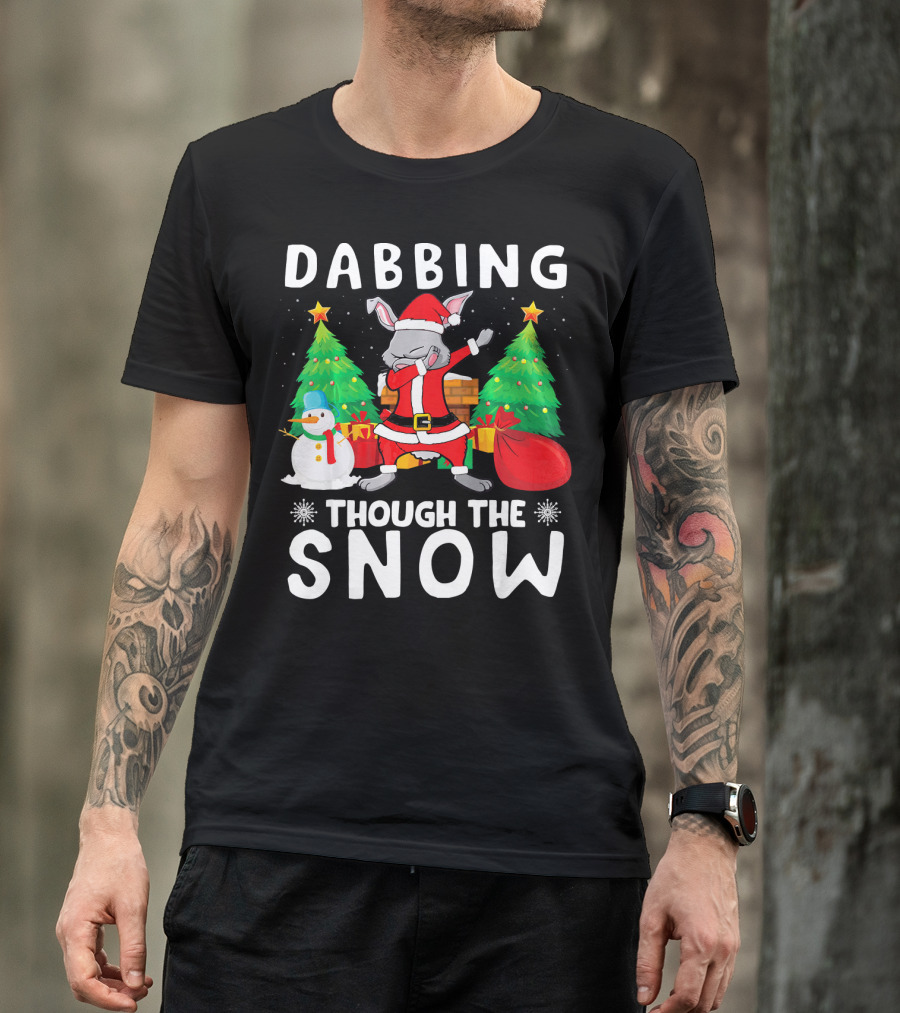 Dabbing Through The Snow Rabbit Christmas Scene With Santa Hat And Gifts T-Shirt