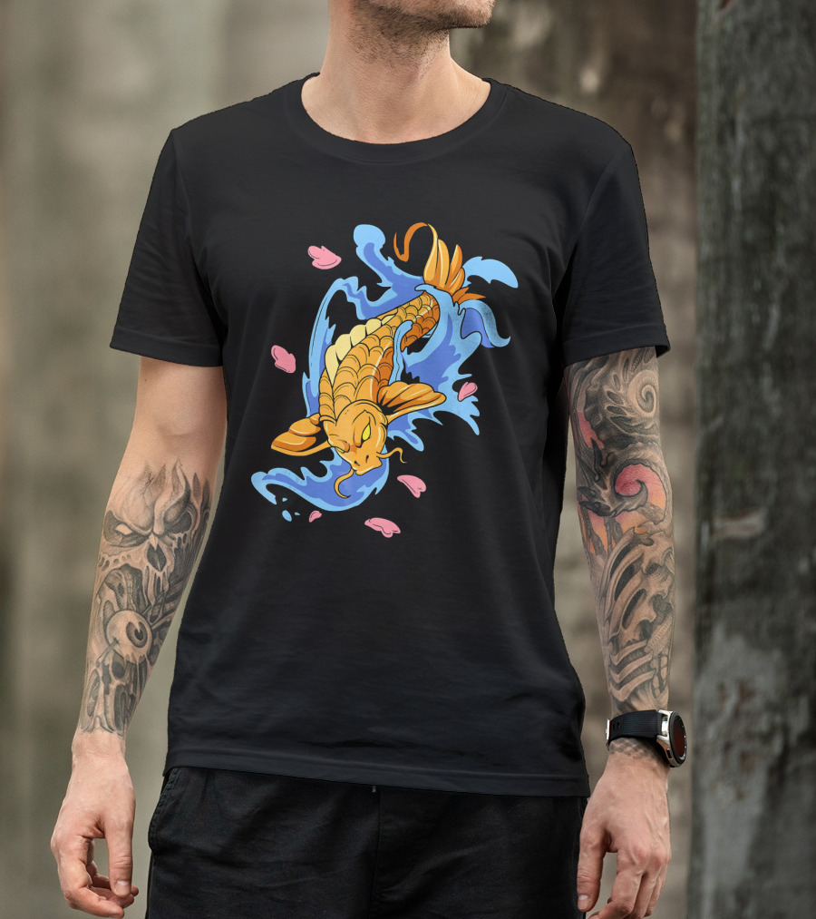 Japanese Koi Fish With Splashing Waves And Pink Petals T-Shirt