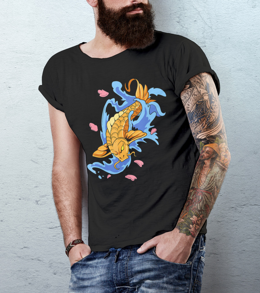 Japanese Koi Fish With Splashing Waves And Pink Petals T-Shirt