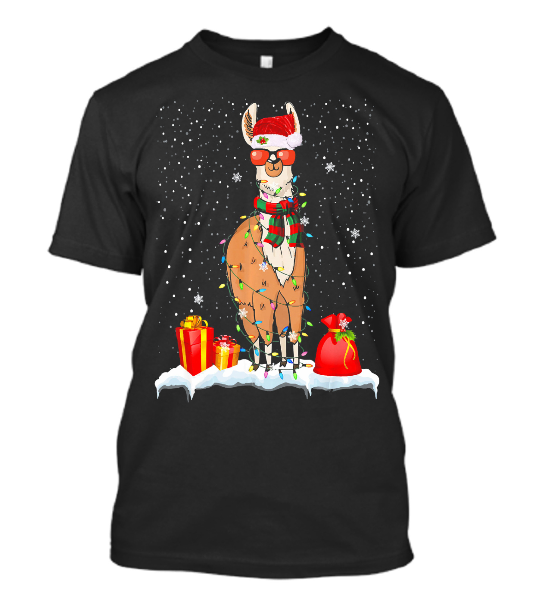 Santa Llama Wrapped In Funny Christmas Lights With Snowflakes And Presents T-Shirt