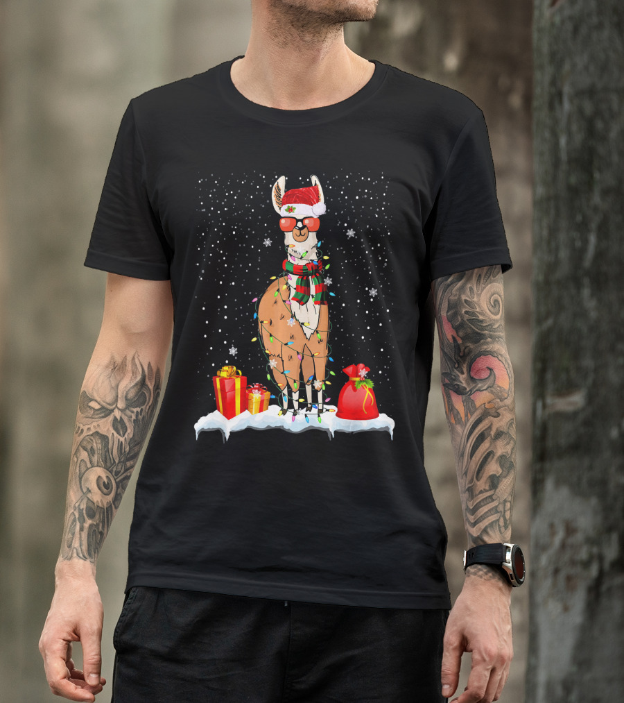 Santa Llama Wrapped In Funny Christmas Lights With Snowflakes And Presents T-Shirt