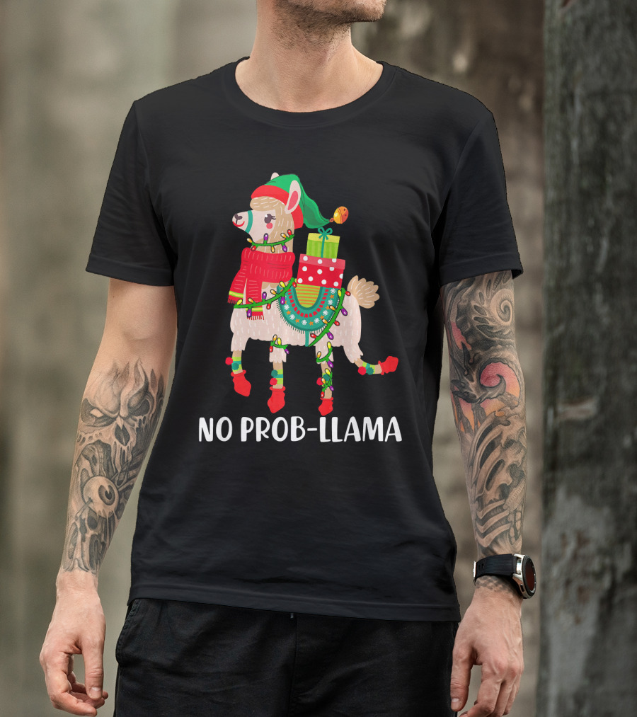 No Prob-llama Elf Christmas Lights With Gifts And Festive T-Shirt