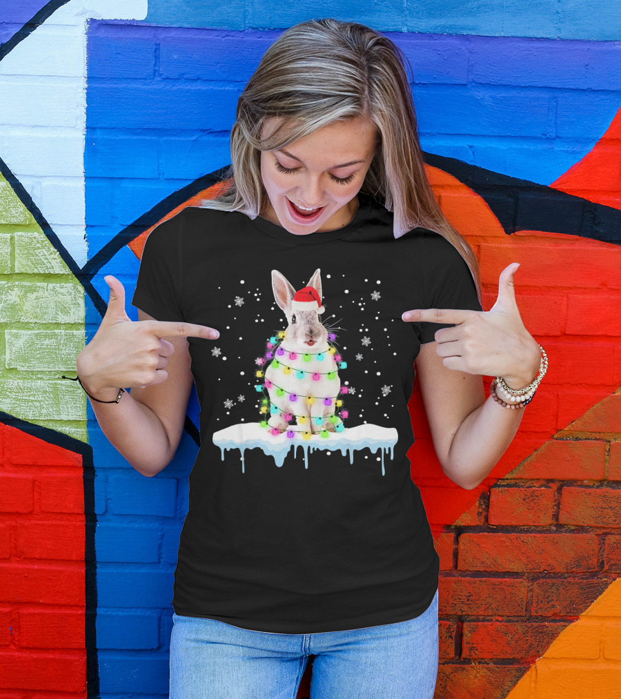Rabbit In Santa Hat Wrapped In Colorful Christmas Lights Snowflakes T-Shirt
