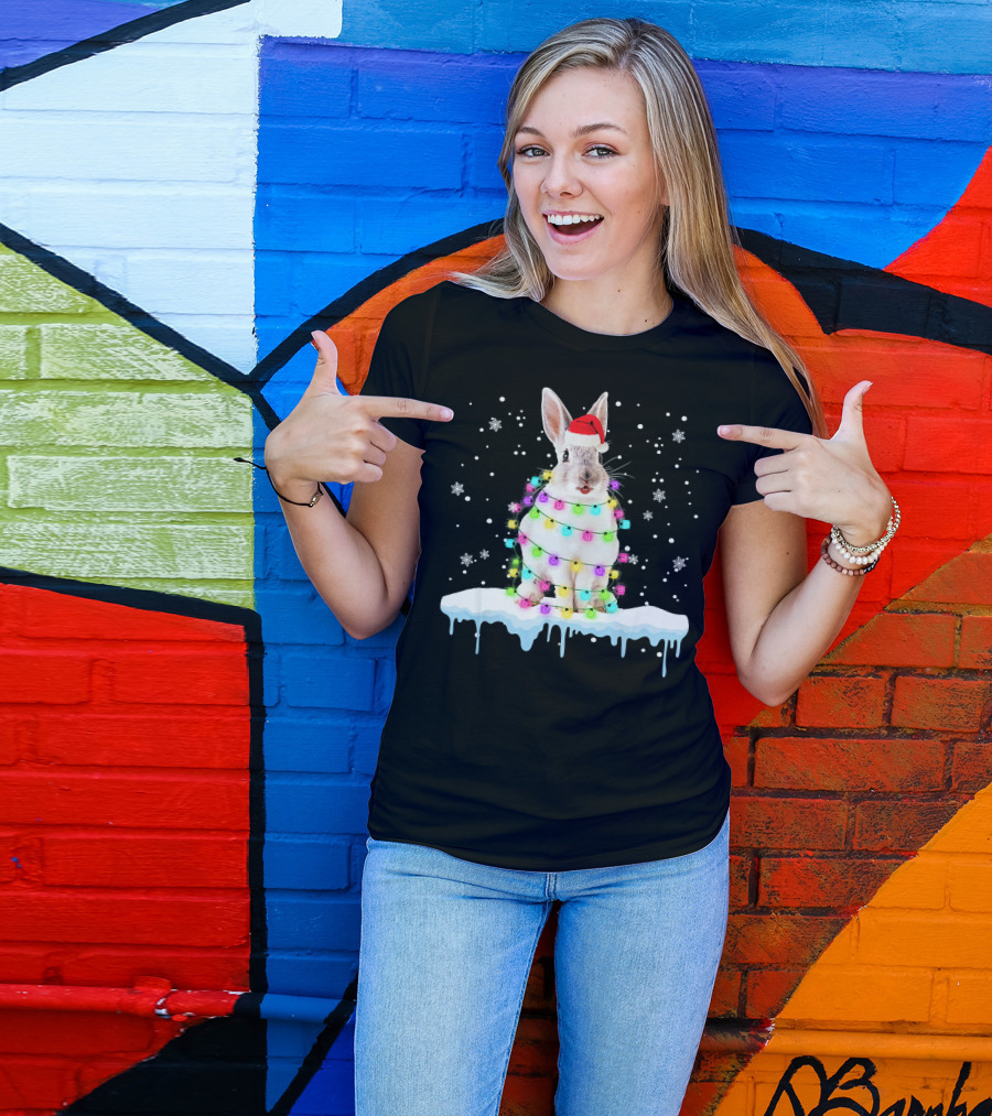 Rabbit In Santa Hat Wrapped In Colorful Christmas Lights Snowflakes T-Shirt