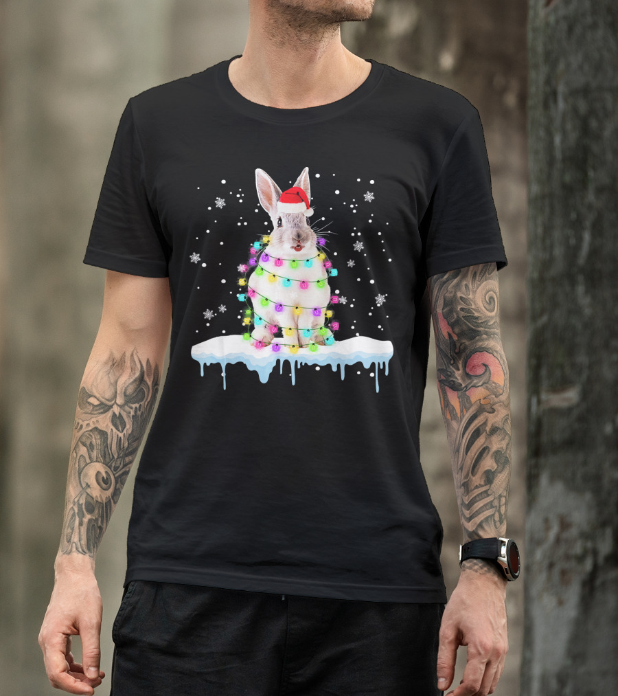 Rabbit In Santa Hat Wrapped In Colorful Christmas Lights Snowflakes T-Shirt