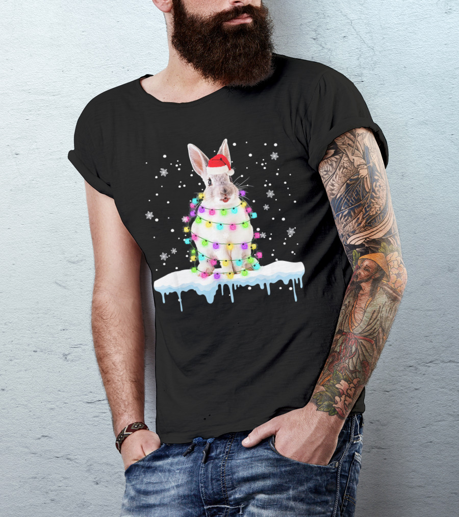 Rabbit In Santa Hat Wrapped In Colorful Christmas Lights Snowflakes T-Shirt
