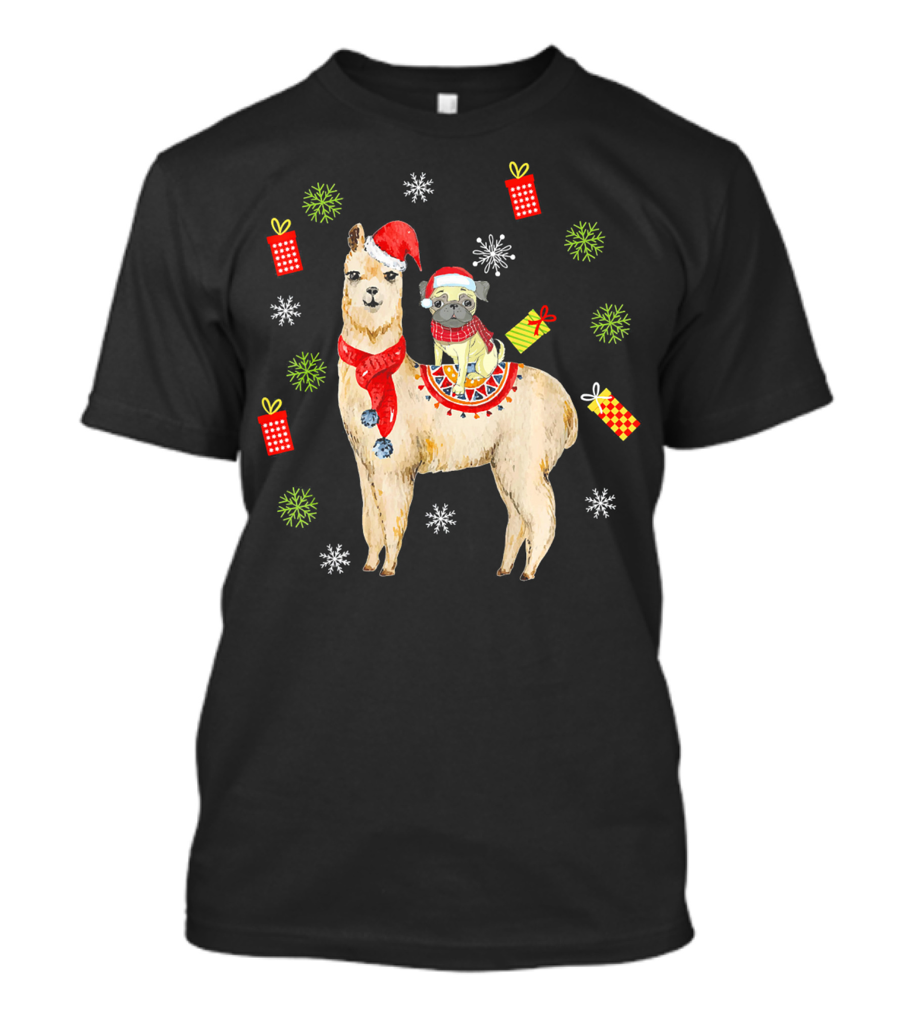 Pug Riding Llama Christmas Dog Alpaca Me Santa Hat Snowflakes Gifts T-Shirt