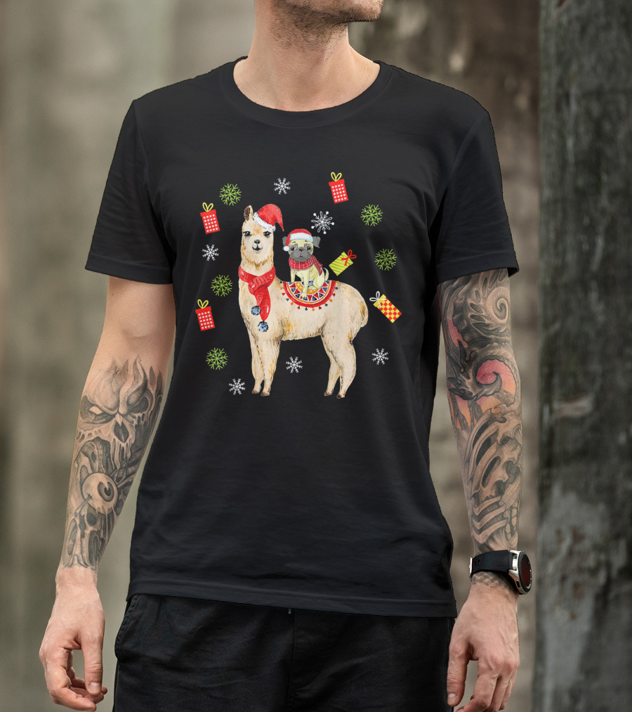 Pug Riding Llama Christmas Dog Alpaca Me Santa Hat Snowflakes Gifts T-Shirt