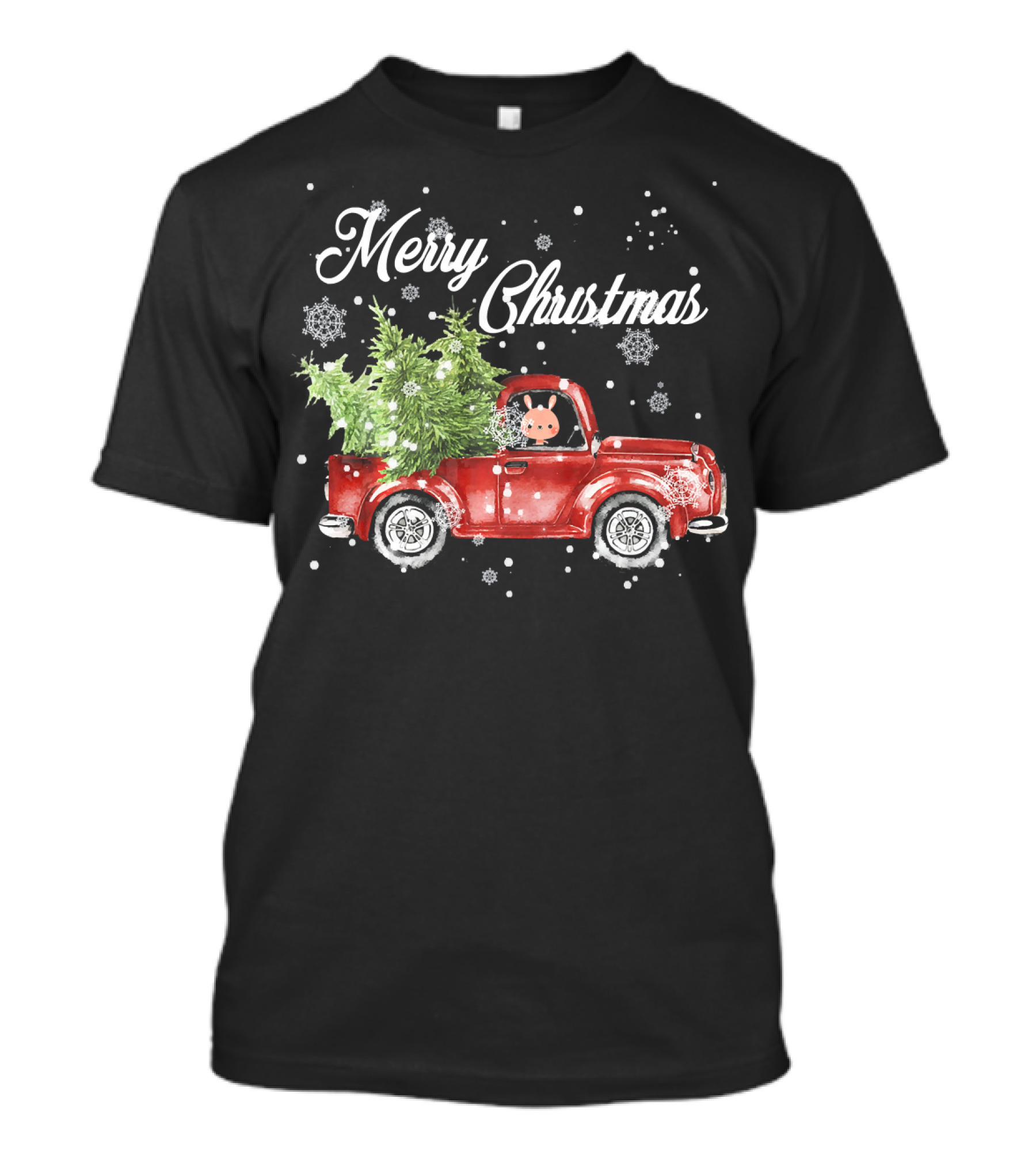 Merry Christmas Rabbit In Red Truck With Tree Snowflakes T-Shirt