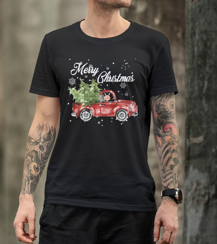 Merry Christmas Rabbit In Red Truck With Tree Snowflakes T-Shirt