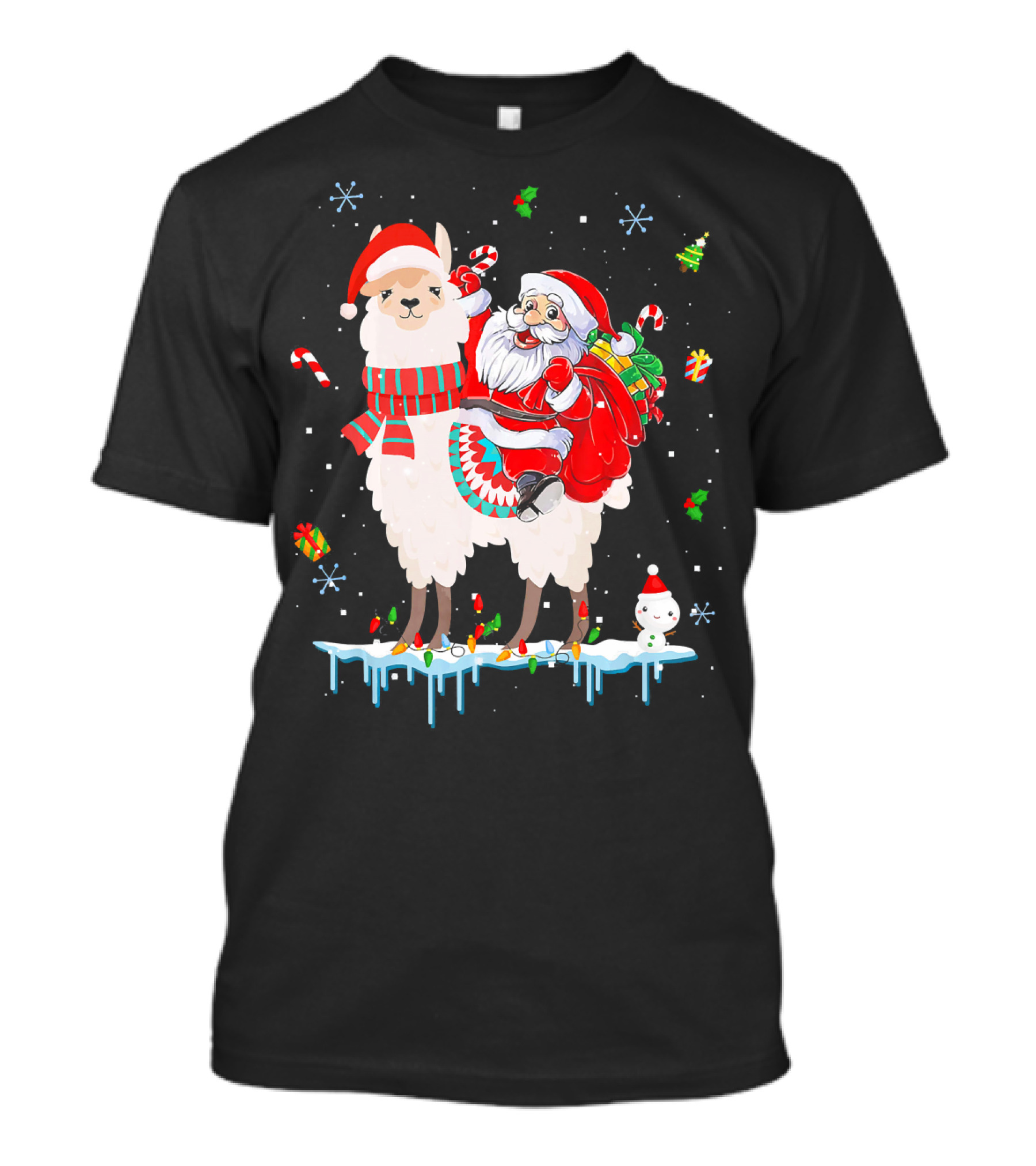 Santa Claus Riding Llama Ugly Xmas Alpac Candy Cane Snowflakes Christmas Lights T-Shirt