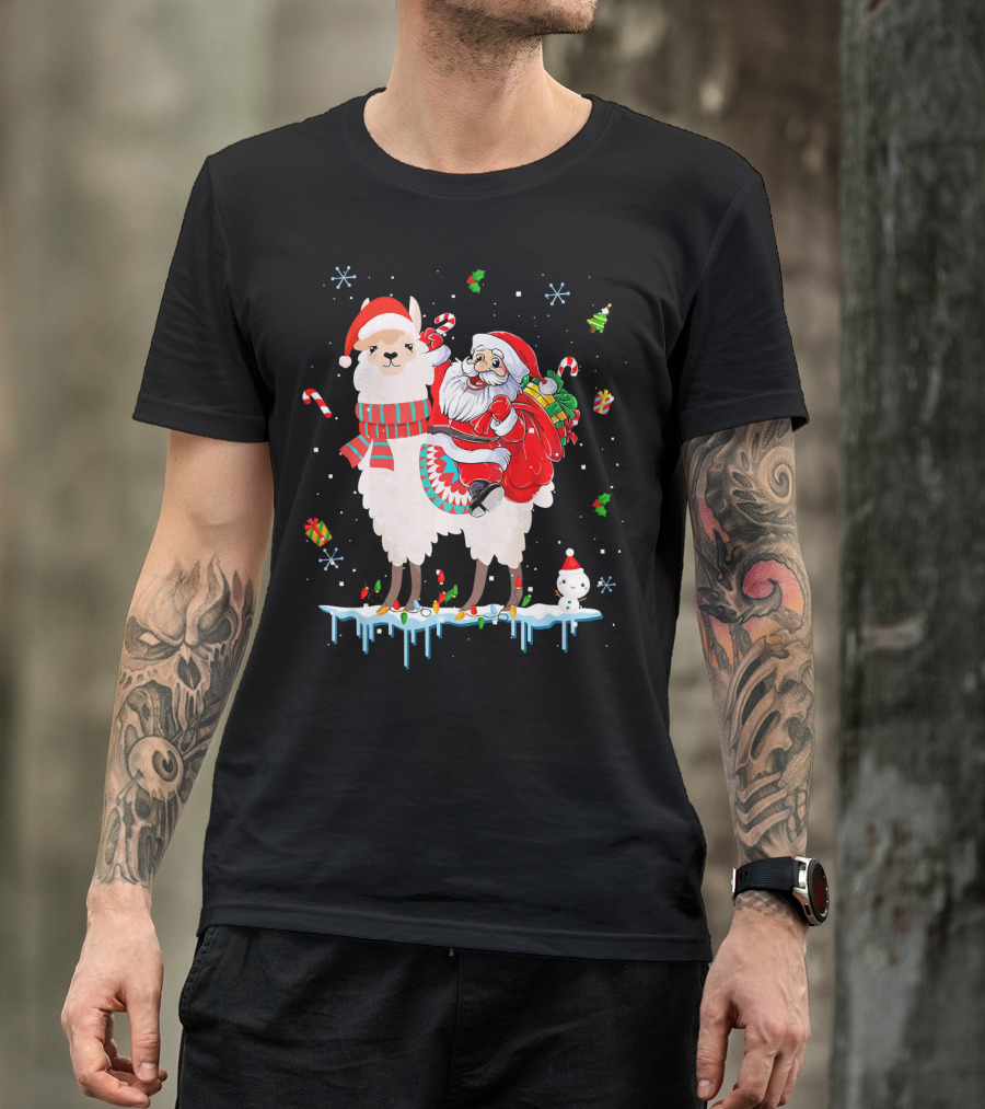 Santa Claus Riding Llama Ugly Xmas Alpac Candy Cane Snowflakes Christmas Lights T-Shirt