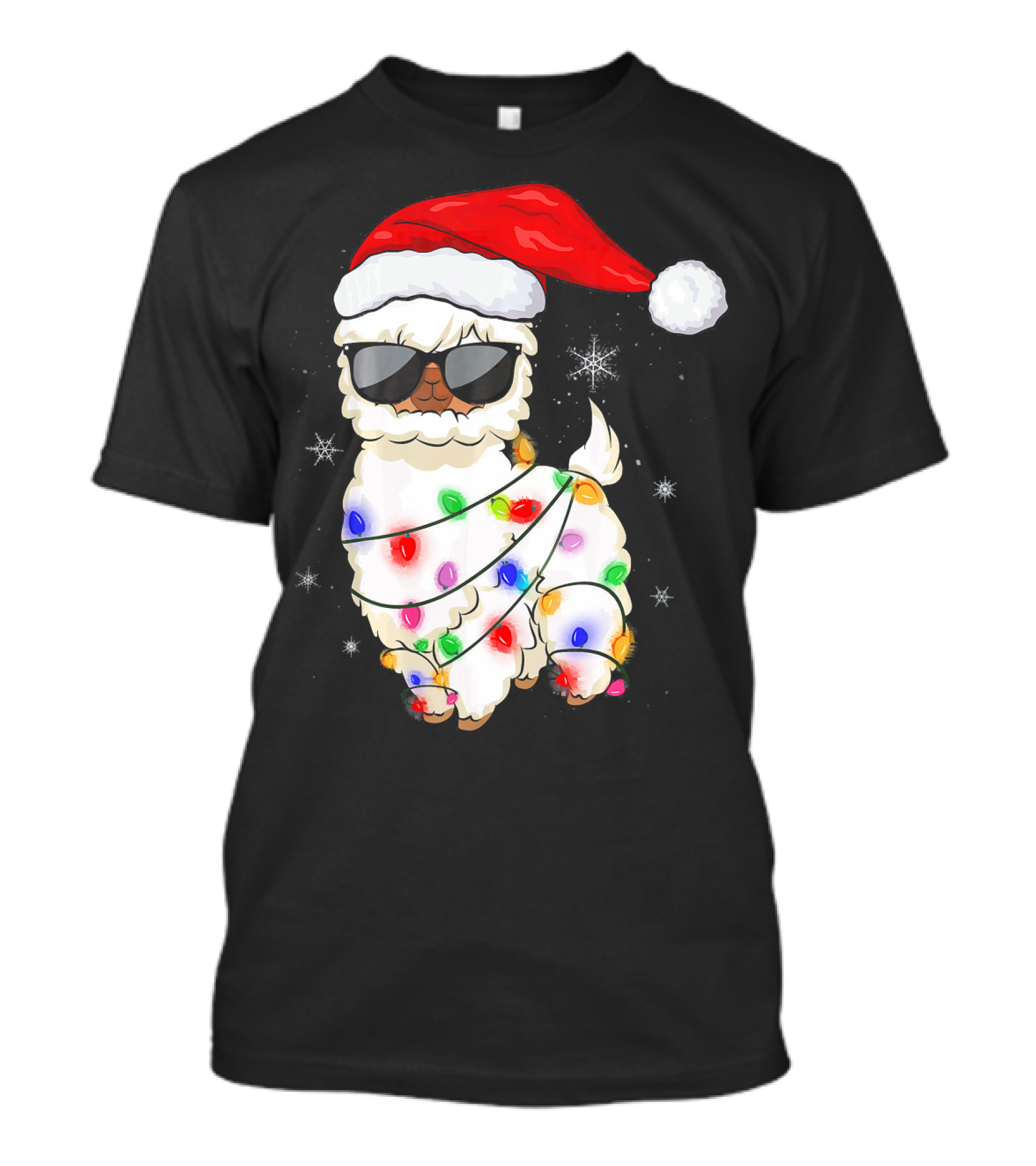 Santa Llama Funny Christmas Lights Alpaca Wearing Santa Hat With Sunglasses T-Shirt