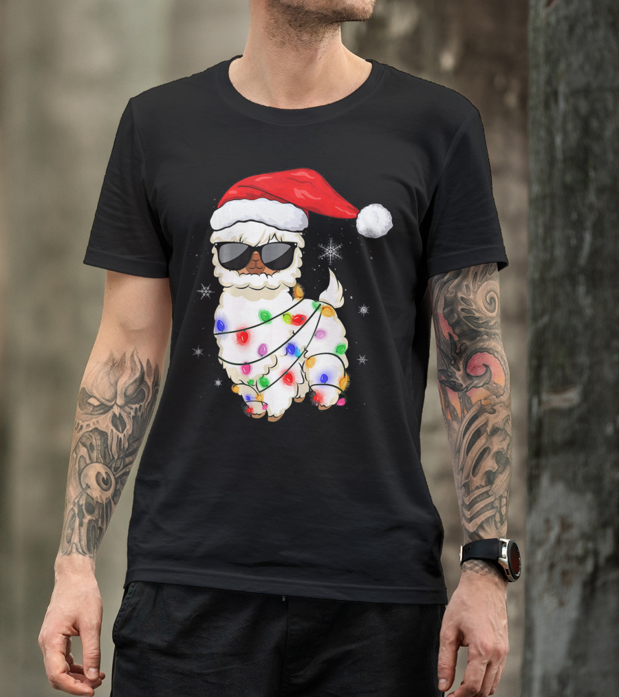 Santa Llama Funny Christmas Lights Alpaca Wearing Santa Hat With Sunglasses T-Shirt