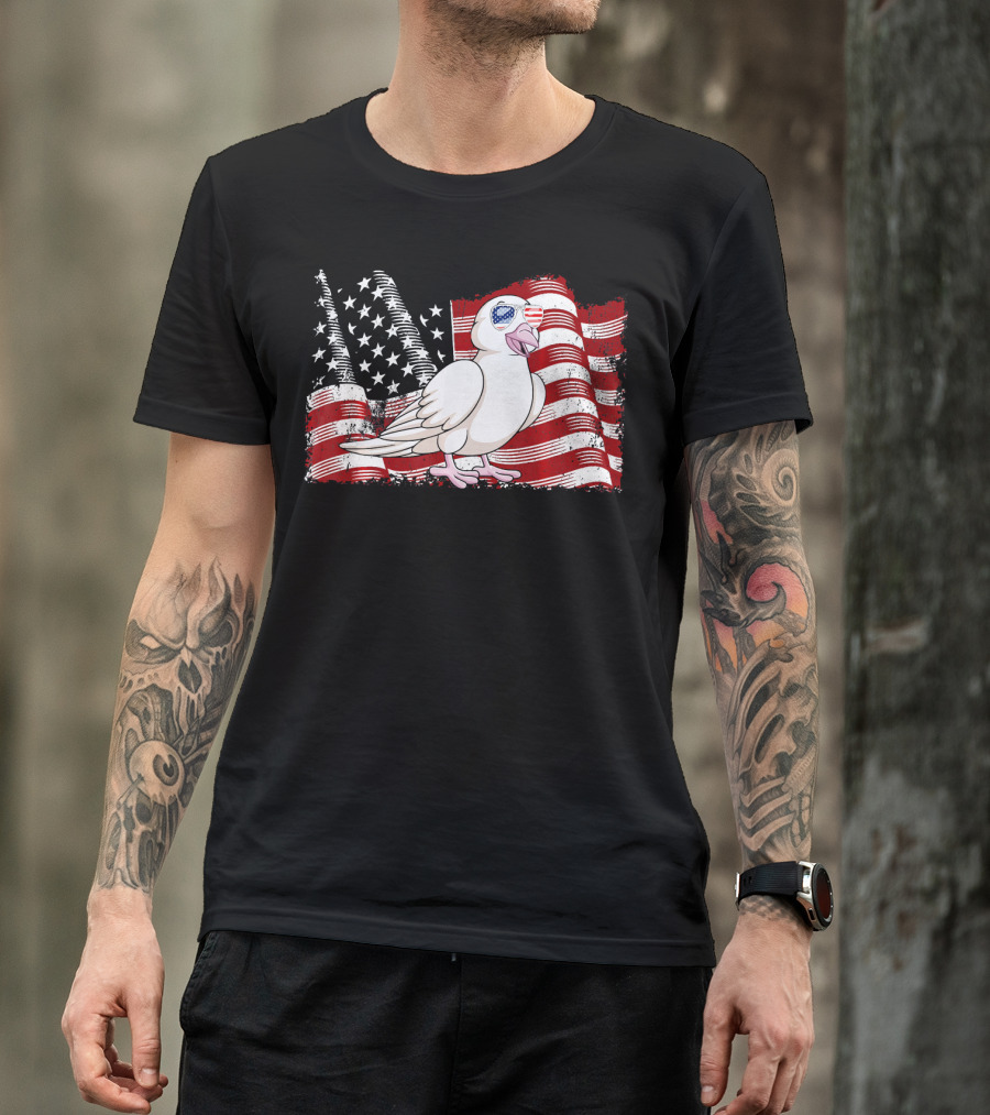 Pigeon With Sunglasses And American Flag 4th Of July T-Shirt