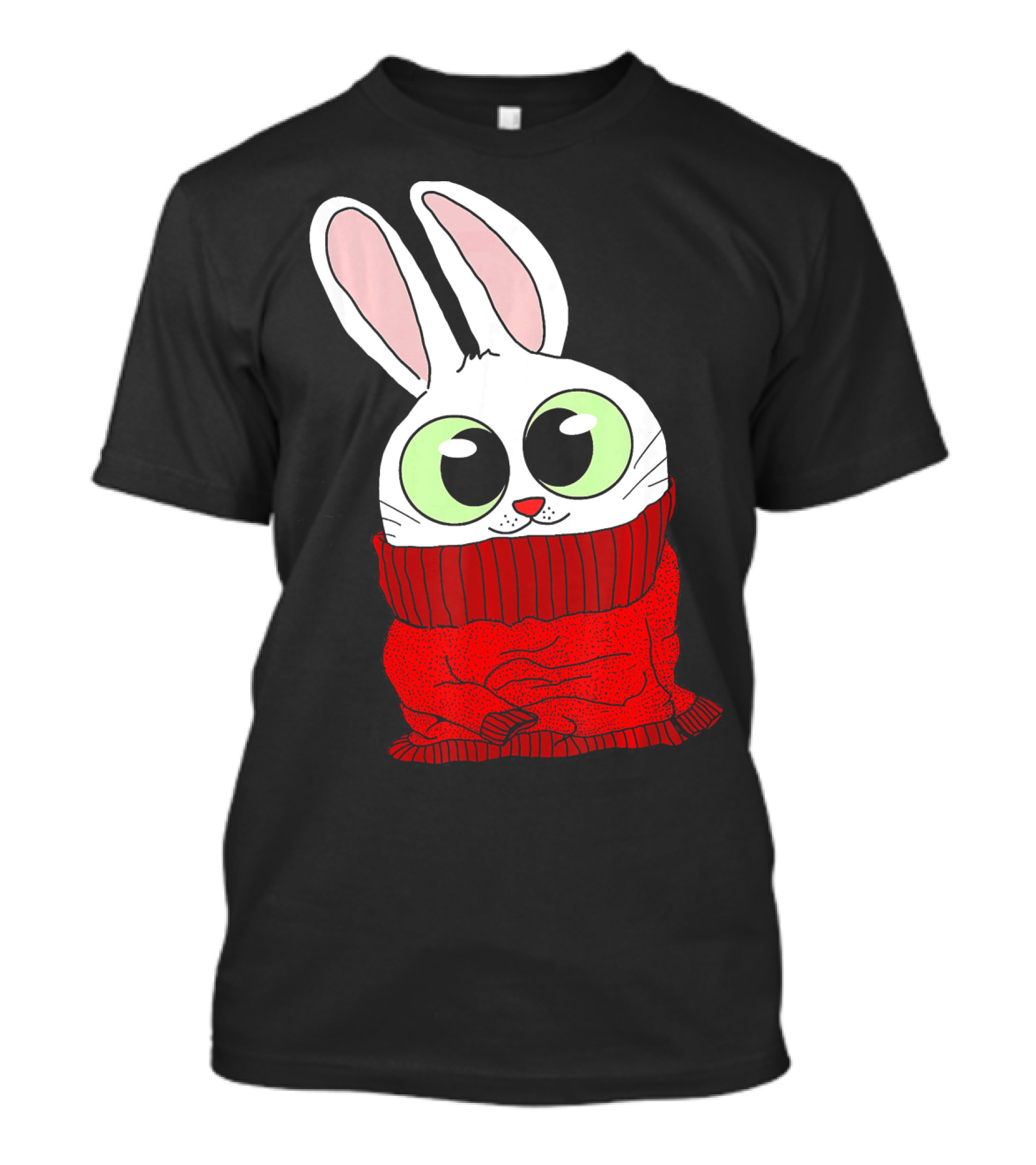 Sweet Fluffy Bunny In Cozy Red Sweater With Big Green Eyes T-Shirt
