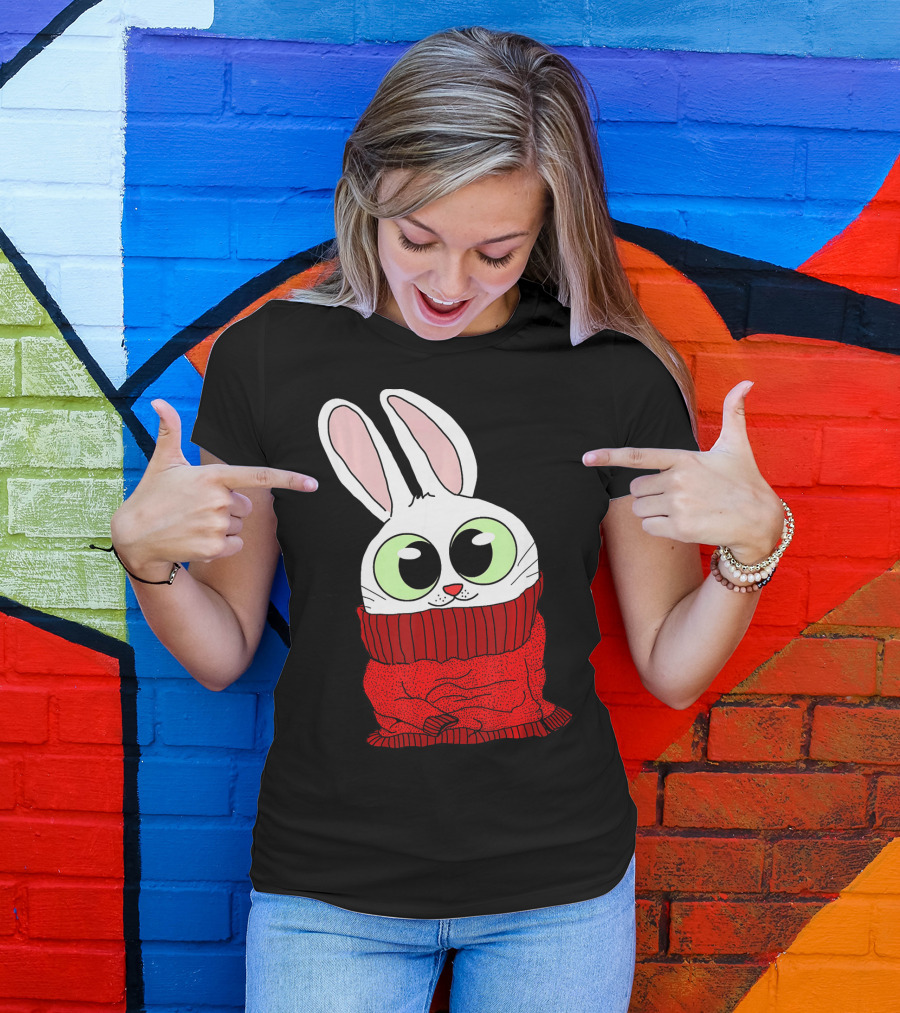 Sweet Fluffy Bunny In Cozy Red Sweater With Big Green Eyes T-Shirt