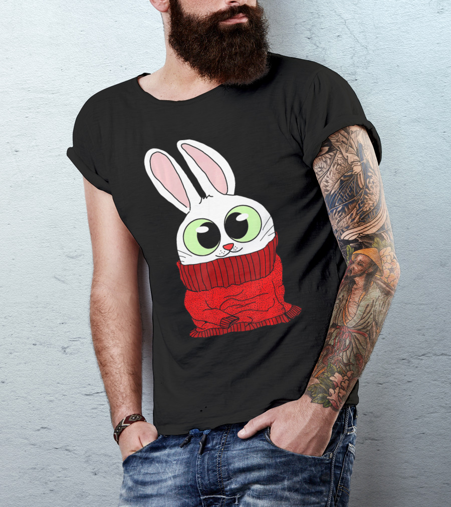 Sweet Fluffy Bunny In Cozy Red Sweater With Big Green Eyes T-Shirt