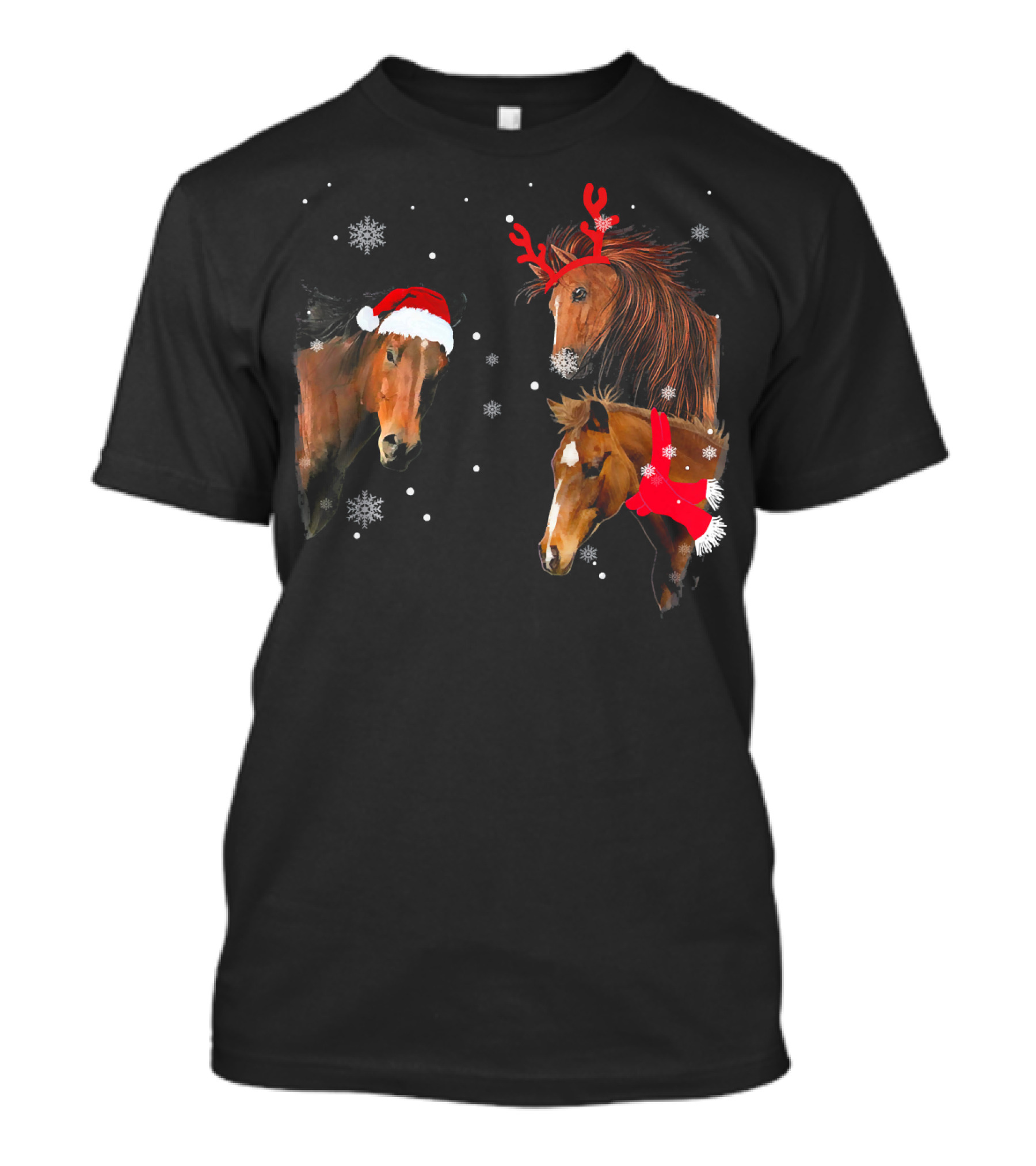 Three Horse Christmas Snowflakes Santa Hat Reindeer Antlers Festive Collar T-Shirt