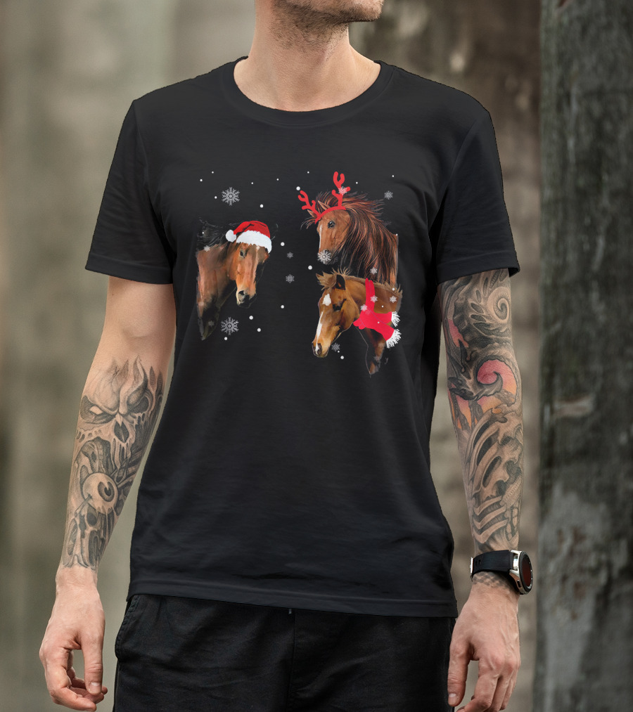 Three Horse Christmas Snowflakes Santa Hat Reindeer Antlers Festive Collar T-Shirt