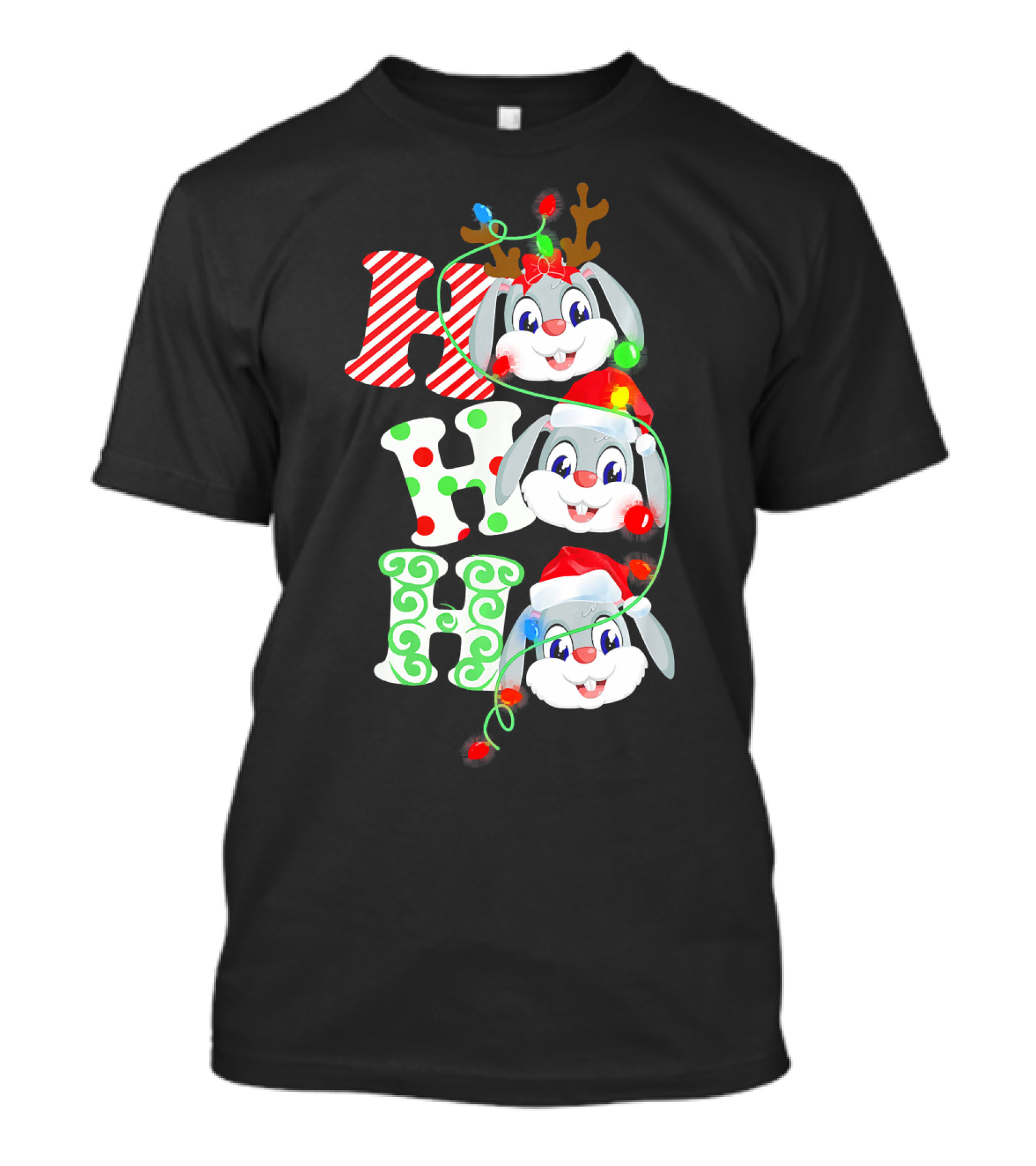 Rabbit Hohoho Christmas Funny Costume Lights Reindeer Antlers T-Shirt