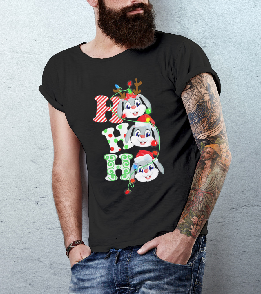 Rabbit Hohoho Christmas Funny Costume Lights Reindeer Antlers T-Shirt