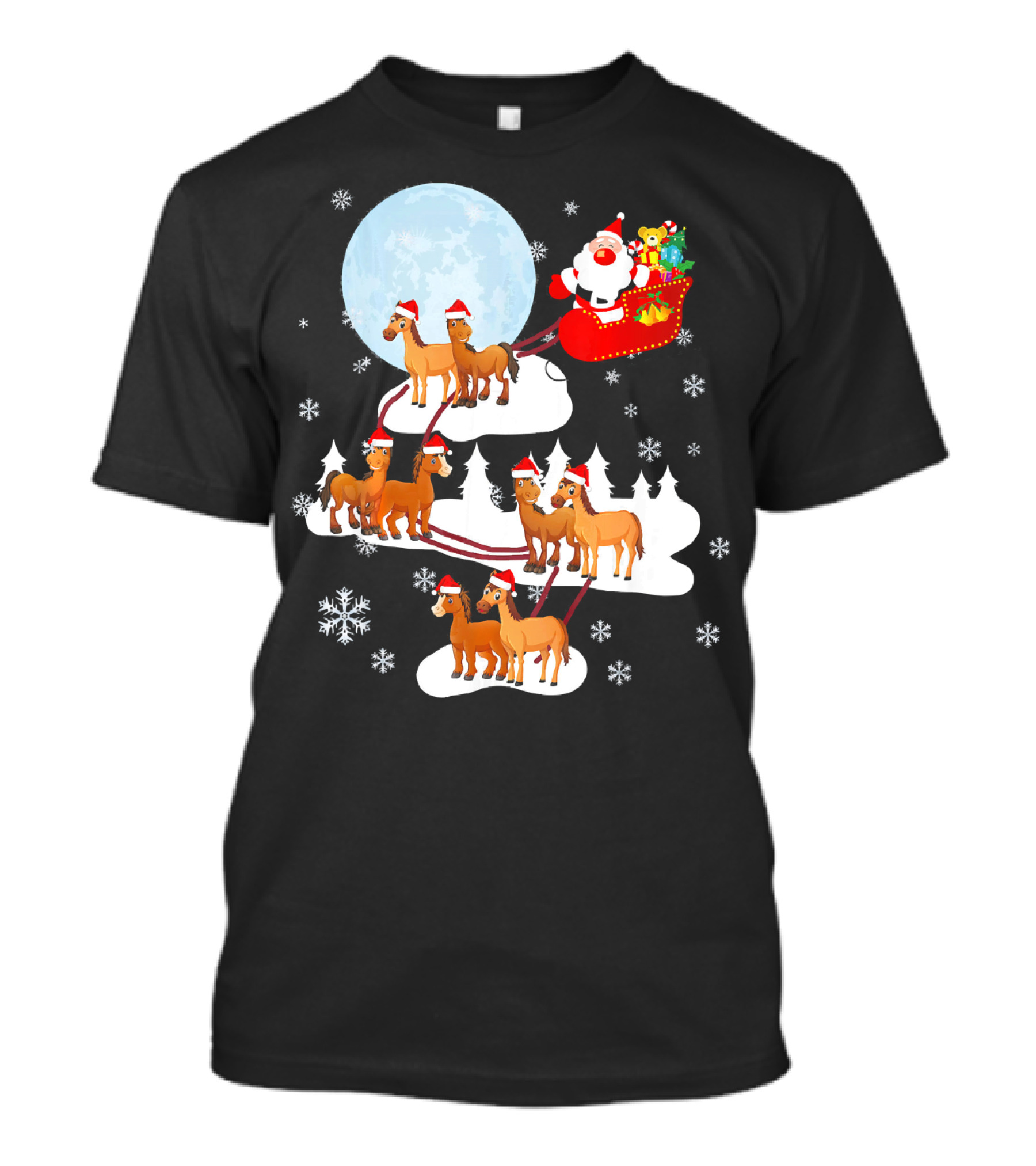 Santa Sleigh Horses Cute Horse Lover Equ Snowflakes Full Moon Trees T-Shirt