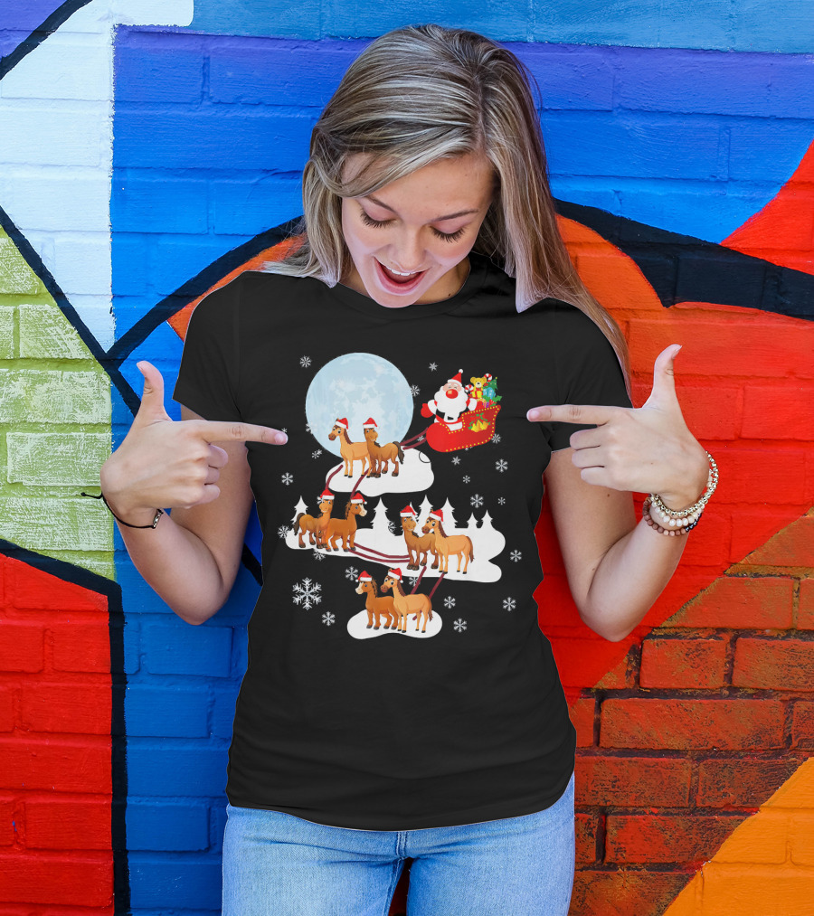 Santa Sleigh Horses Cute Horse Lover Equ Snowflakes Full Moon Trees T-Shirt