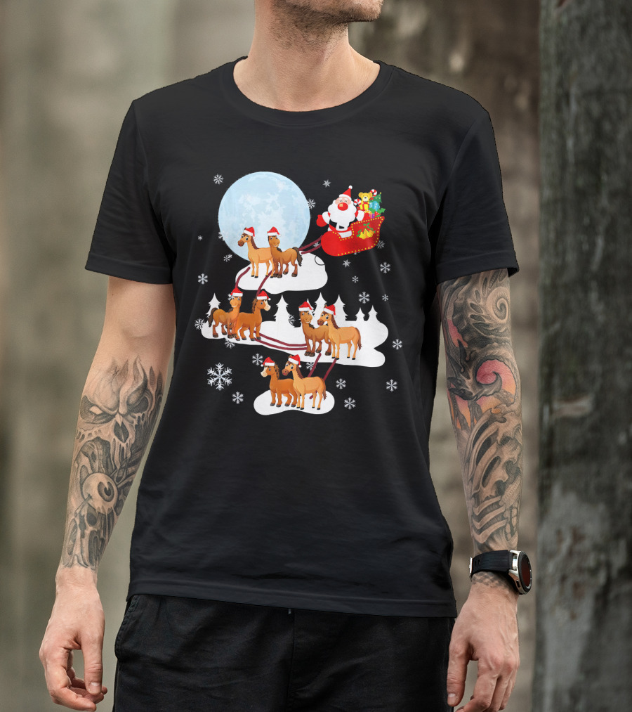 Santa Sleigh Horses Cute Horse Lover Equ Snowflakes Full Moon Trees T-Shirt
