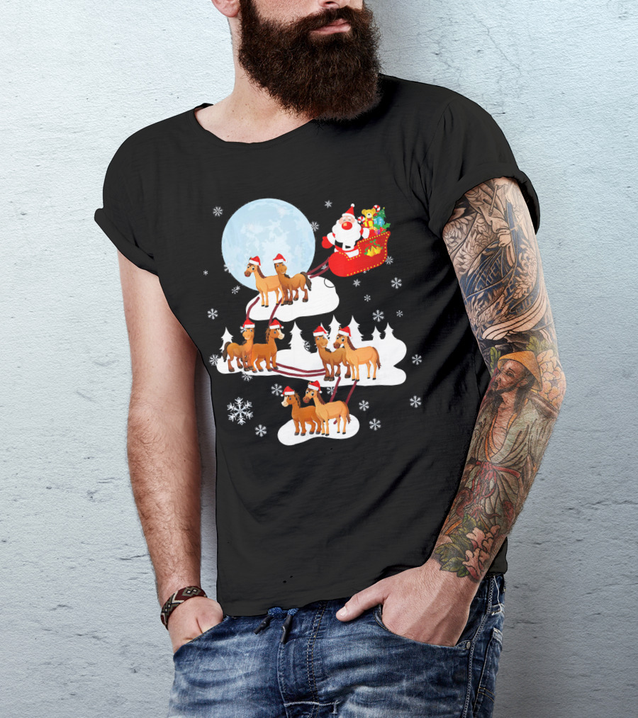 Santa Sleigh Horses Cute Horse Lover Equ Snowflakes Full Moon Trees T-Shirt