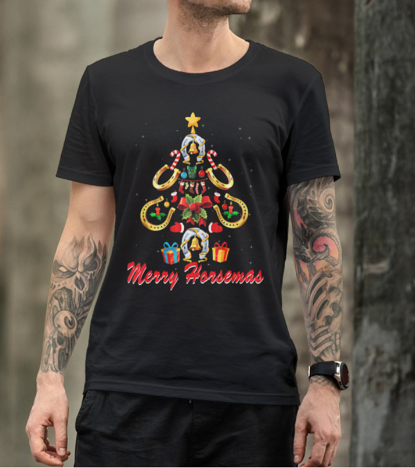 Merry Horsemas Horse Lover Christmas Tree With Horseshoes And Gifts T-Shirt