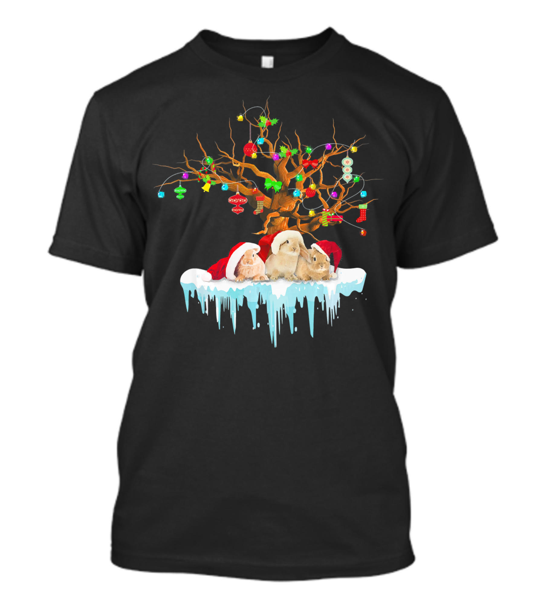Rabbit Santa Hat Christmas Tree Snow Love Ornaments Lights T-Shirt