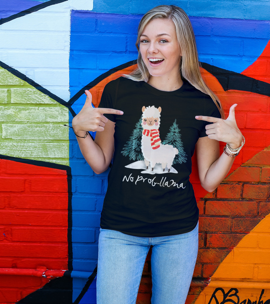 No Prob Llama Christmas Winter Scene With Festive Scarf T-Shirt