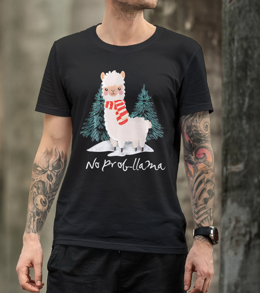 No Prob Llama Christmas Winter Scene With Festive Scarf T-Shirt